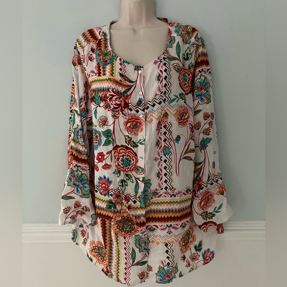 Halston 100% linen top boho eclectic folk cottagecore coastal patchwork look 2X